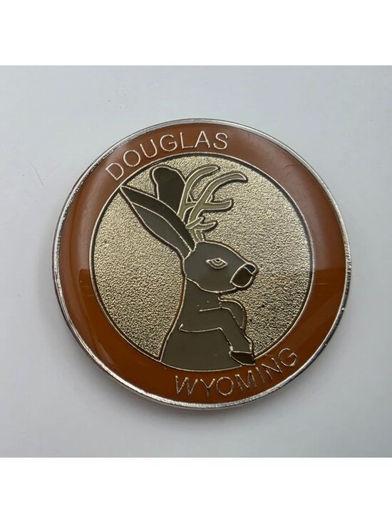 Jewelry - Douglas Wyoming Jackalope Souvenir Pinback Badge Orange & Gold Enamel Finish